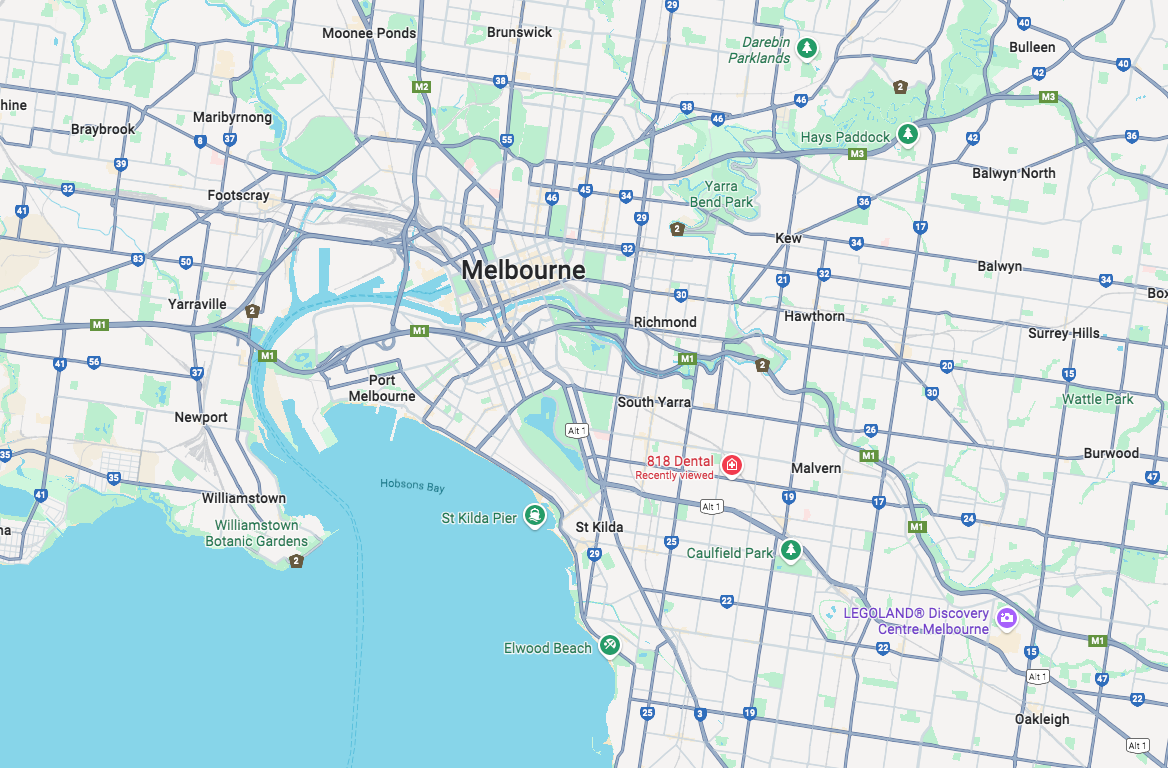 Service area map showing Melbourne and surrounding areas
